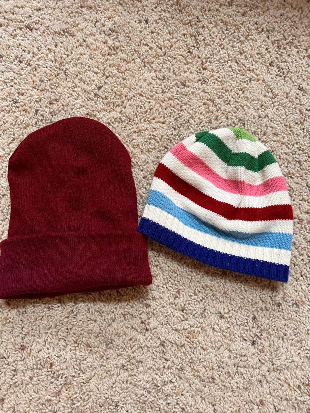 Knit Beanie Set - Burgundy Solid & Multicolor Stripe